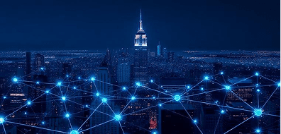 Digital network nodes connecting city skyline