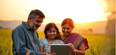 Family using tablet in rural setting